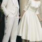 A-Line Wedding Dresses Jewel Neck Tea Length Satin Half Sleeve Simple Vintage Little White Dress with Buttons