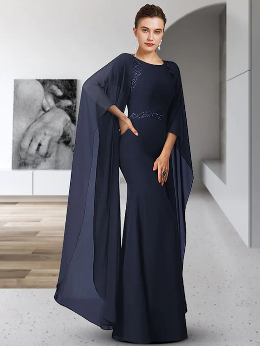 Mother of the Bride Dress Elegant Jewel Neck Floor Length Chiffon Long Sleeve
