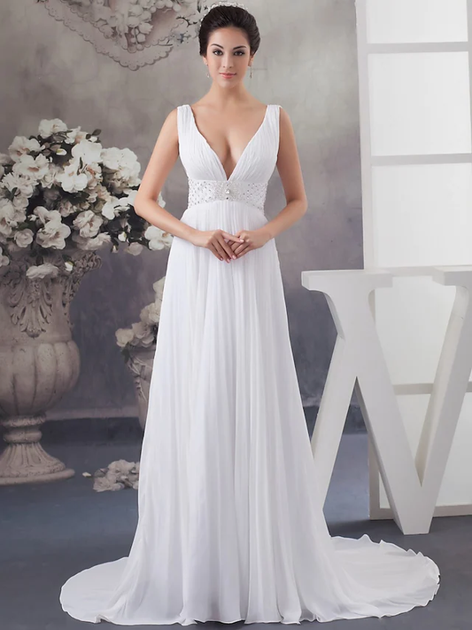 A-Line Wedding Dresses V Neck Chapel Train Chiffon Satin Regular Straps with Crystals Beading