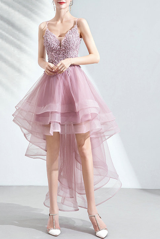 High Low Spaghetti Straps Tulle Homecoming Dresses with Appliques V Neck Prom Dresses Short