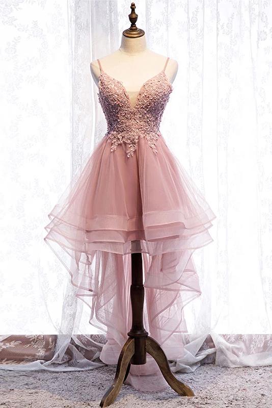 High Low Spaghetti Straps Tulle Homecoming Dresses with Appliques V Neck Prom Dresses Short