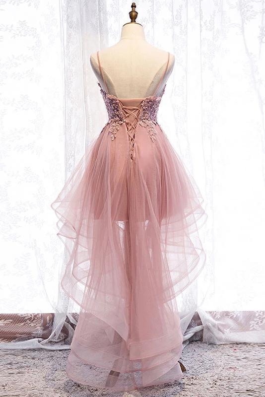 High Low Spaghetti Straps Tulle Homecoming Dresses with Appliques V Neck Prom Dresses Short