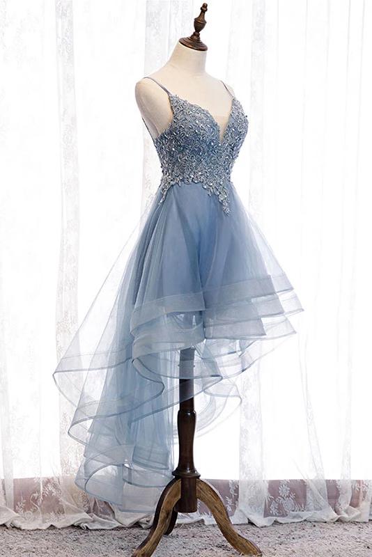 High Low Spaghetti Straps Tulle Homecoming Dresses with Appliques V Neck Prom Dresses Short