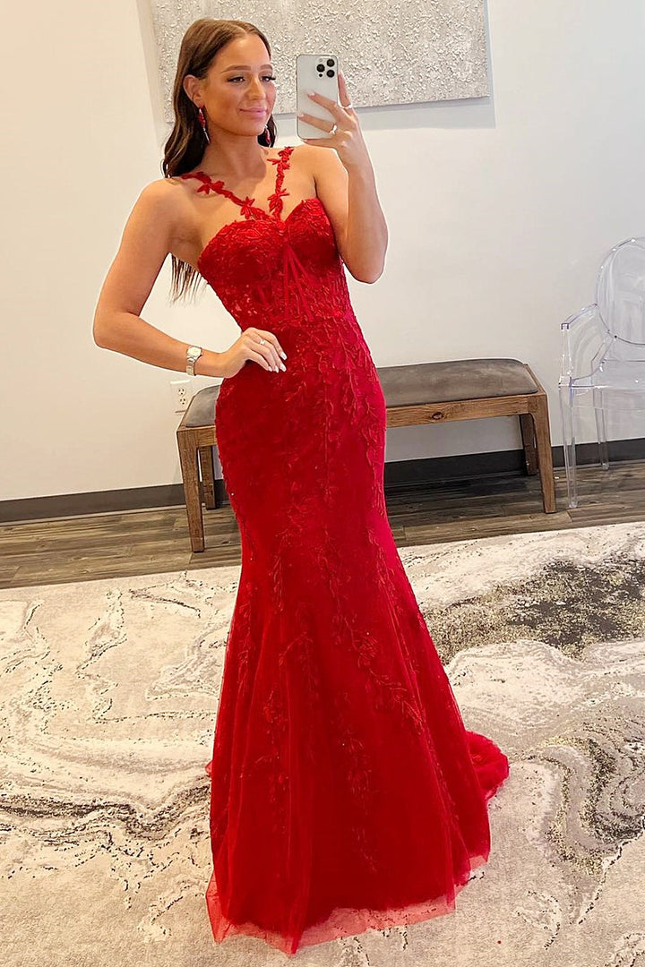 Hot Mermaid Halter Lace Prom Dresses With Appliques Floor Length Beautiful