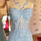 Hot Mermaid Halter Lace Prom Dresses With Appliques Floor Length Beautiful