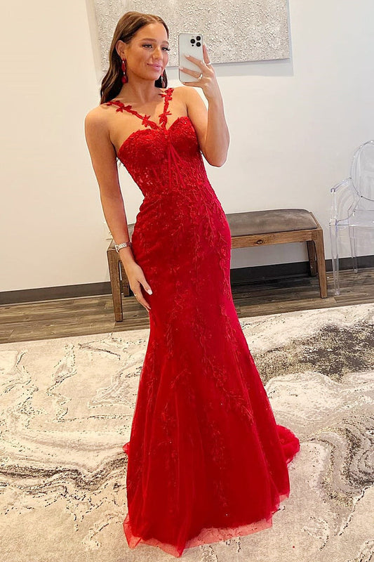 Hot Mermaid Halter Lace Prom Dresses With Appliques Floor Length Beautiful