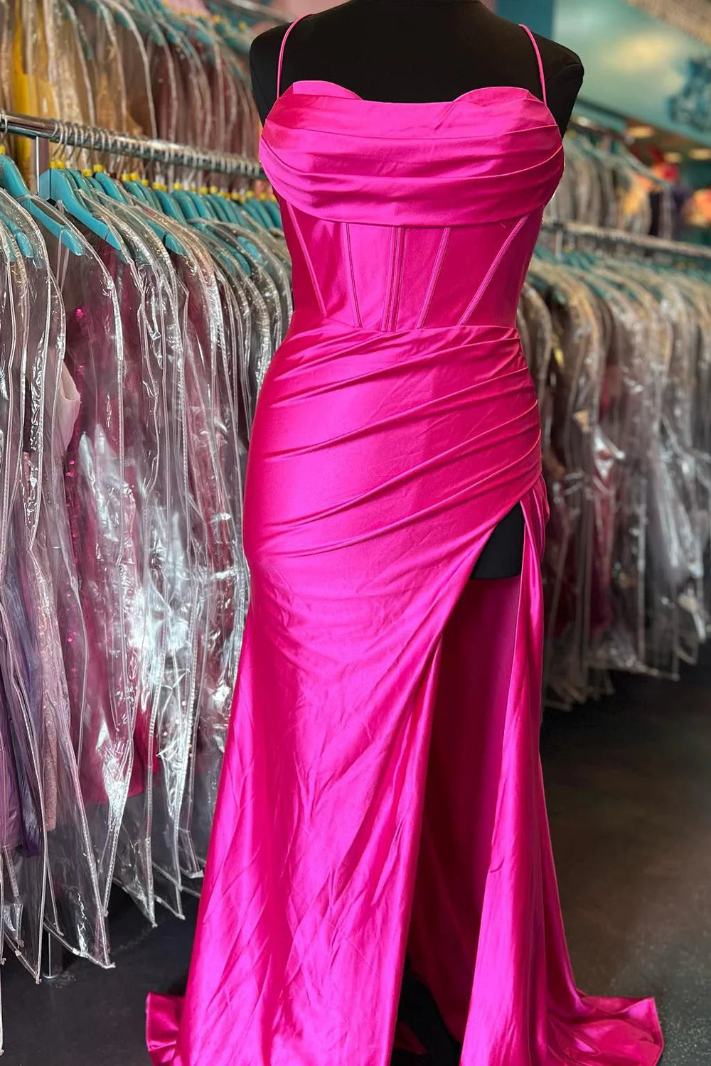 Mermaid Prom Dress with Slit Spaghetti Straps Satin Hot Pink Pure Color Sexy