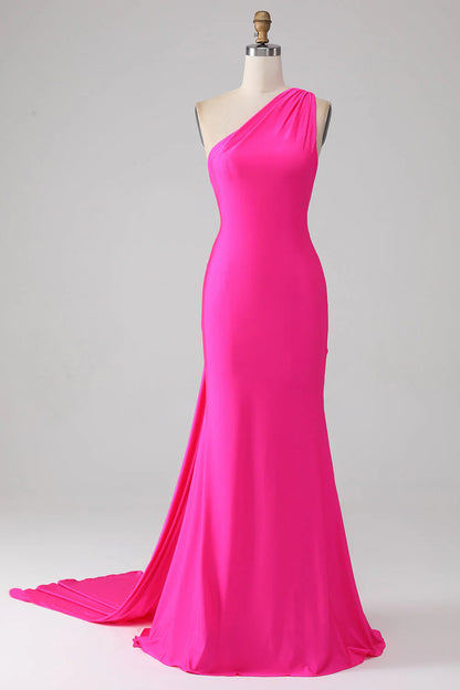 Mermaid One Shoulder Long Prom Dress Pure Color Hot Pink