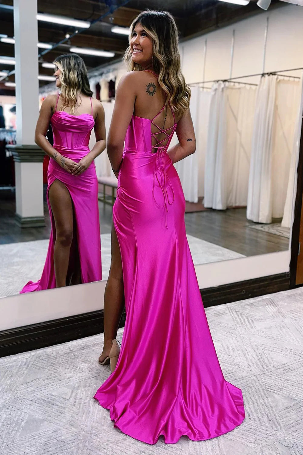 Mermaid Prom Dress with Slit Spaghetti Straps Satin Hot Pink Pure Color Sexy