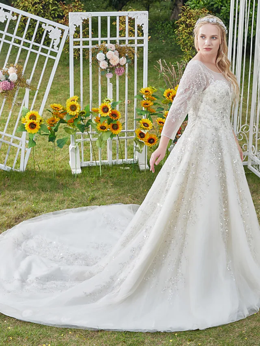 Princess Ball Gown Wedding Dresses Jewel Neck Cathedral Train Lace Tulle 3/4 Length Sleeve Formal Vintage Luxurious Sparkle & Shine Plus Size with Crystals Beading