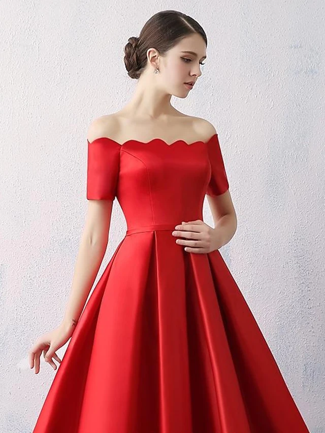 A-Line Reformation Amante Minimalist Engagement Cocktail Party Dress Off Shoulder Short Sleeve Knee Length Satin