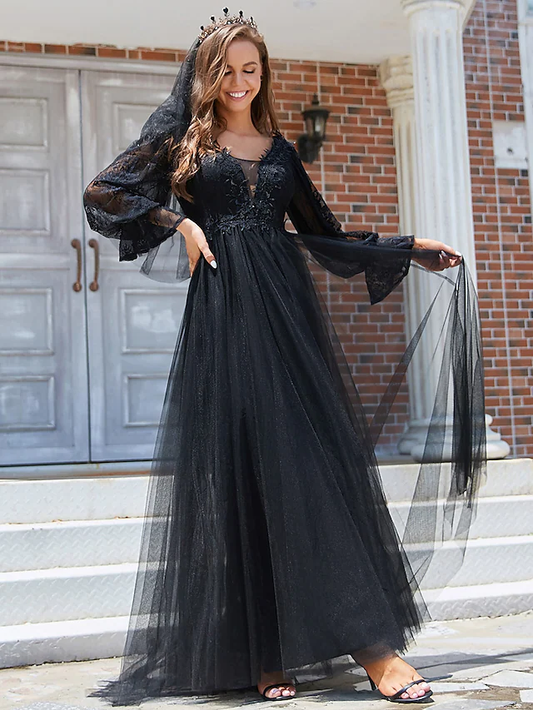 A-Line Wedding Dresses V Neck Floor Length Lace Tulle Long Sleeve Romantic Sexy Black with Pleats