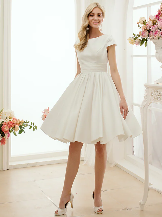 A-Line Wedding Dresses Jewel Neck Knee Length Satin Short Sleeve Formal Simple Casual Little White Dress with Sash