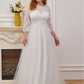 A-Line Wedding Dresses Jewel Neck Floor Length Lace Tulle Sleeveless Romantic with Cascading