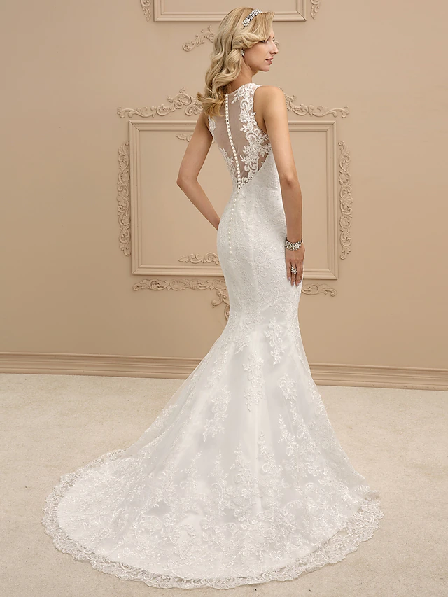 Wedding Dresses Bateau Neck All Over Lace Regular Straps Sexy Illusion Detail Backless with Beading