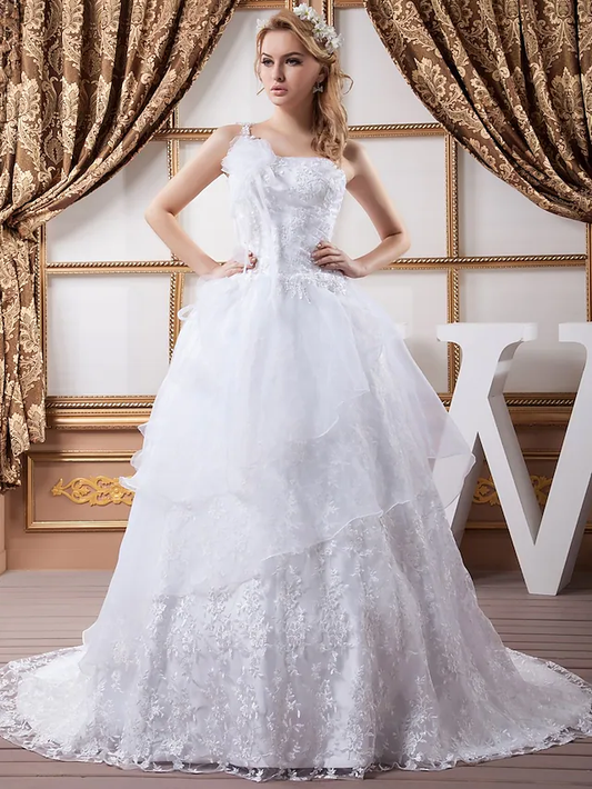 A-Line Wedding Dresses One Shoulder Court Train Lace Organza Satin Spaghetti Strap with Ruched Lace Insert Cascading