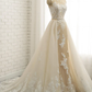 Wedding Dresses Jewel Neck Chapel Train Lace Tulle Lace Over Satin Regular Straps Formal See-Through with Sashes Ribbons Pearls