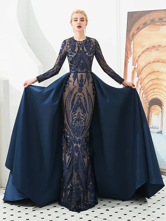 Luxurious Sparkle Prom Formal Evening Dress Jewel Neck Long Sleeve Detachable Sequined with Overskirt Pattern Print
