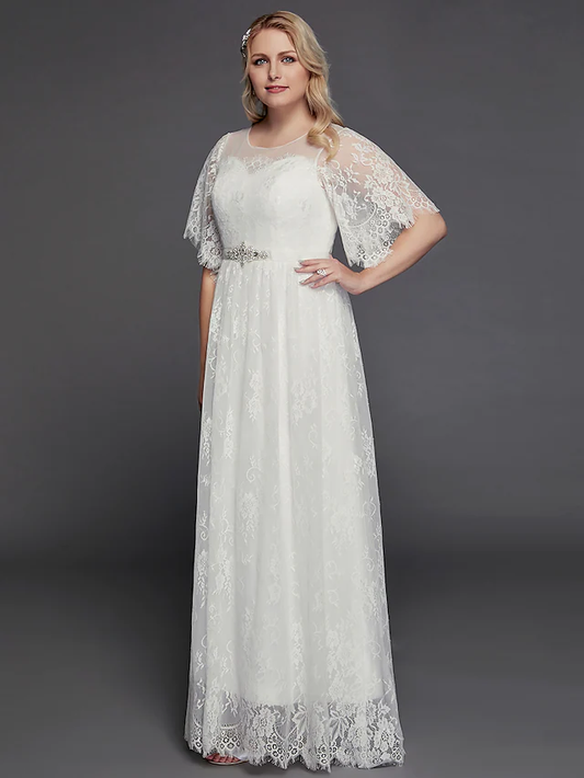 A-Line Wedding Dresses Illusion Neck Jewel Neck Floor Length Lace Tulle Half Sleeve Formal Boho Little White Dress See-Through with Beading Lace