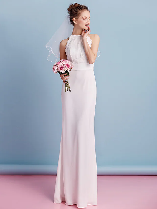 Wedding Dresses Jewel Neck Floor Length Chiffon Lace Regular Straps Floral Lace with Lace Sash