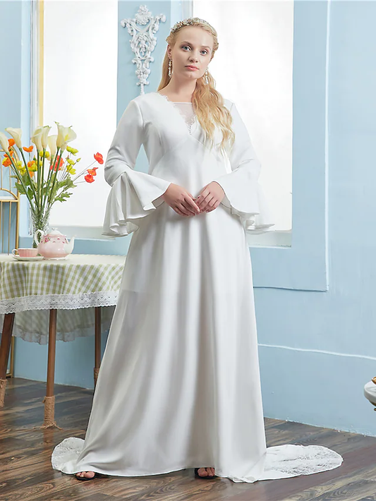 A-Line Wedding Dresses V Neck Chapel Train Lace Italy Satin Long Sleeve Vintage Plus Size with Pleats Lace