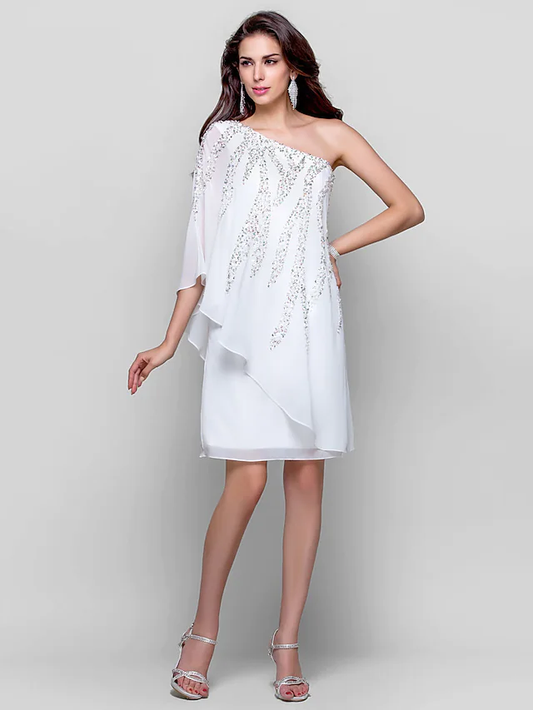 Sparkle White Wedding Guest Cocktail Party Dress One Shoulder Sleeveless Knee Length Chiffon