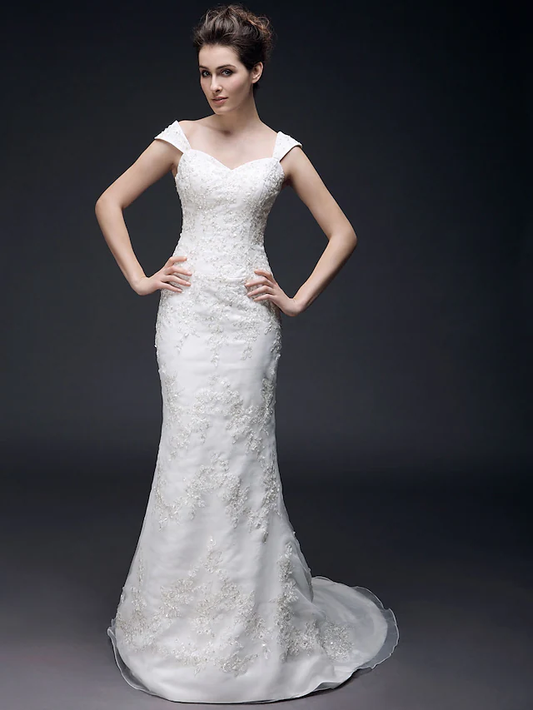 Long Wedding Dresses Sweetheart Neckline Off Shoulder Organza Satin Short Sleeve