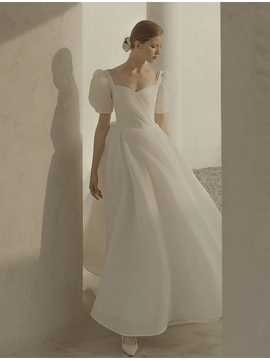 A-Line Wedding Dresses Scoop Neck Ankle Length Organza Short Sleeve Country Simple Little White Dress