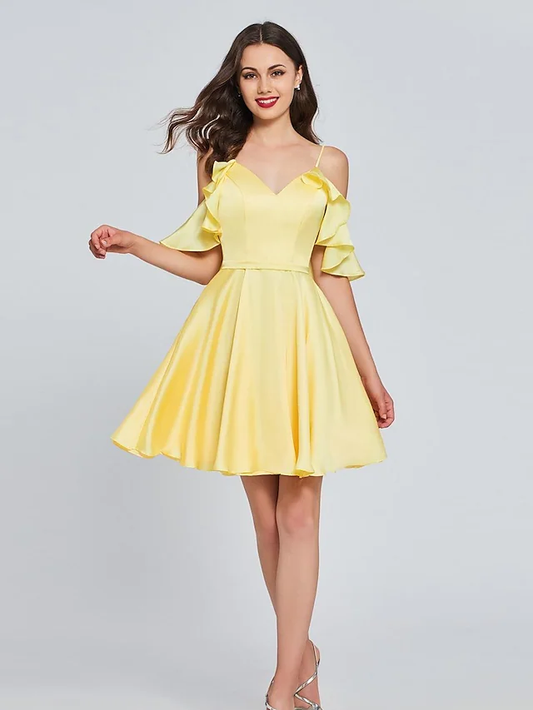 A-Line Minimalist Sexy Engagement Cocktail Party Dress V Neck Sleeveless Knee Length Satin