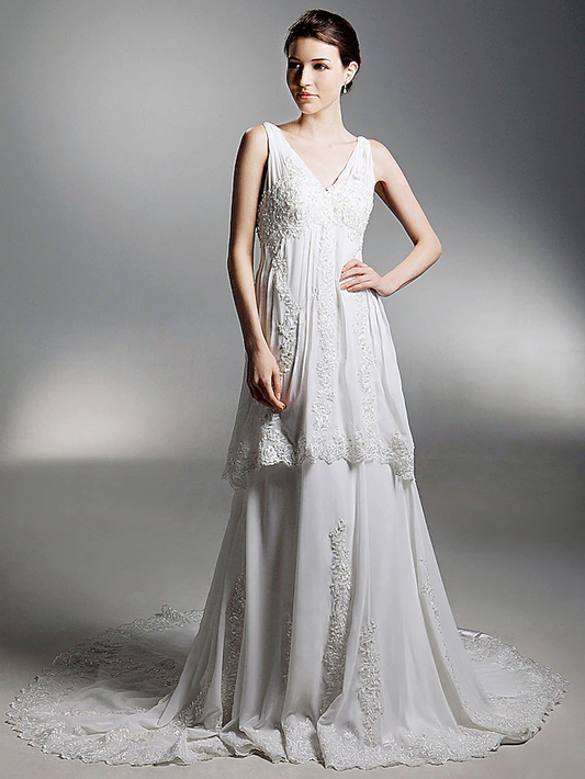 Princess A-Line Wedding Dresses V Neck Chapel Train Chiffon Sleeveless Pure Color