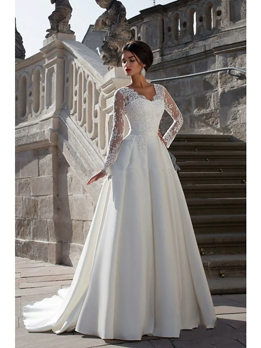 A-Line Wedding Dresses Strapless Court Train Lace Satin Long Sleeve Formal with Appliques Beautiful