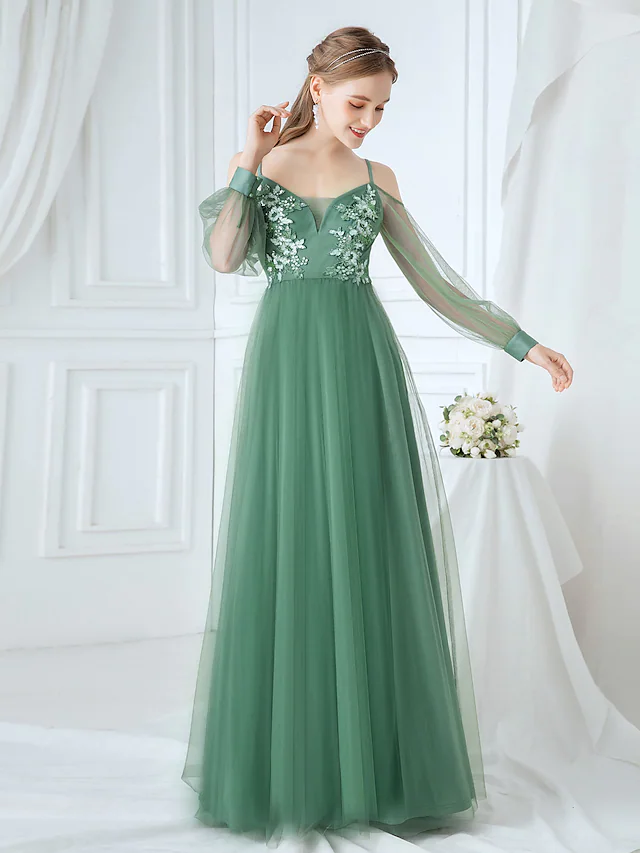 A-Line Spaghetti Strap Tulle Bridesmaid Dress with Appliques Beautiful Flower