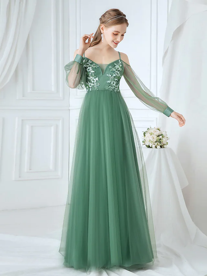 A-Line Spaghetti Strap Tulle Bridesmaid Dress with Appliques Beautiful Flower
