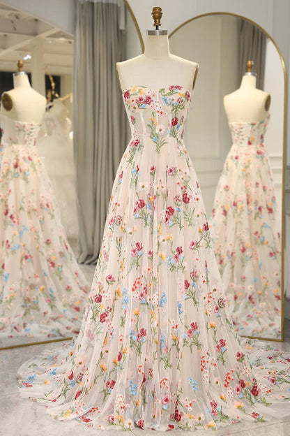 A-Line Prom Dress with Embroidery Flower Tulle Sweetheart Long With Flowers