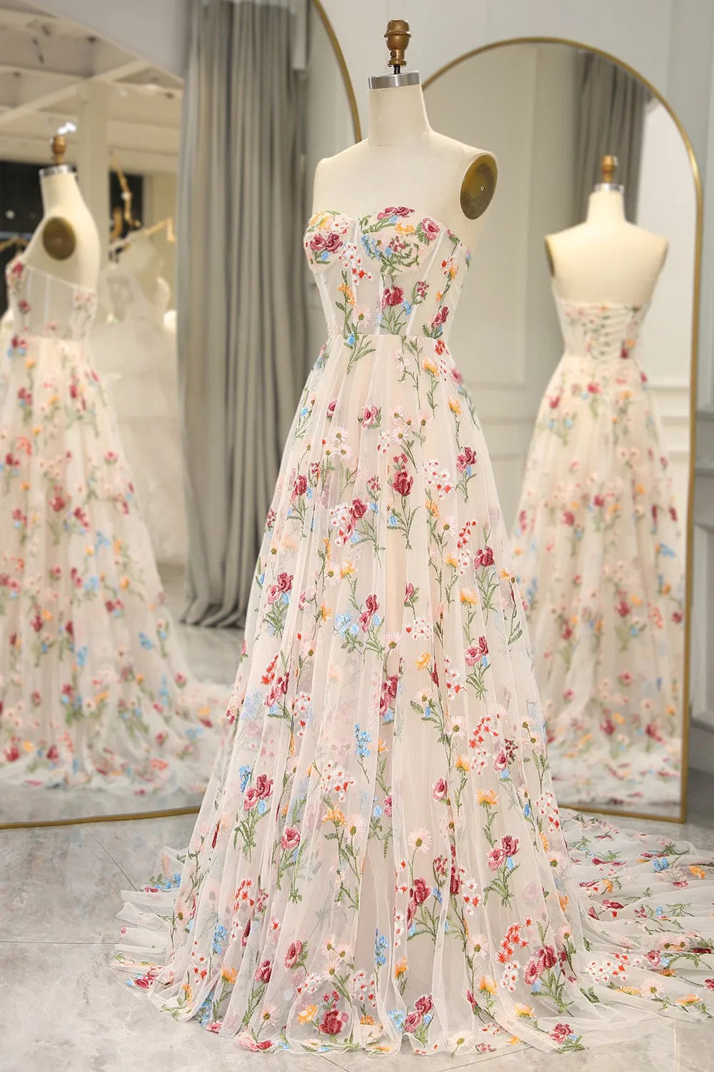 A-Line Prom Dress with Embroidery Flower Tulle Sweetheart Long With Flowers