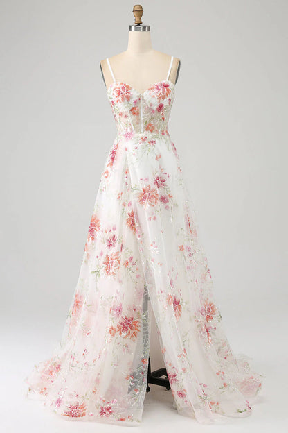 Long Corset Prom Dress with Slit Flower Embroidered Beautiful