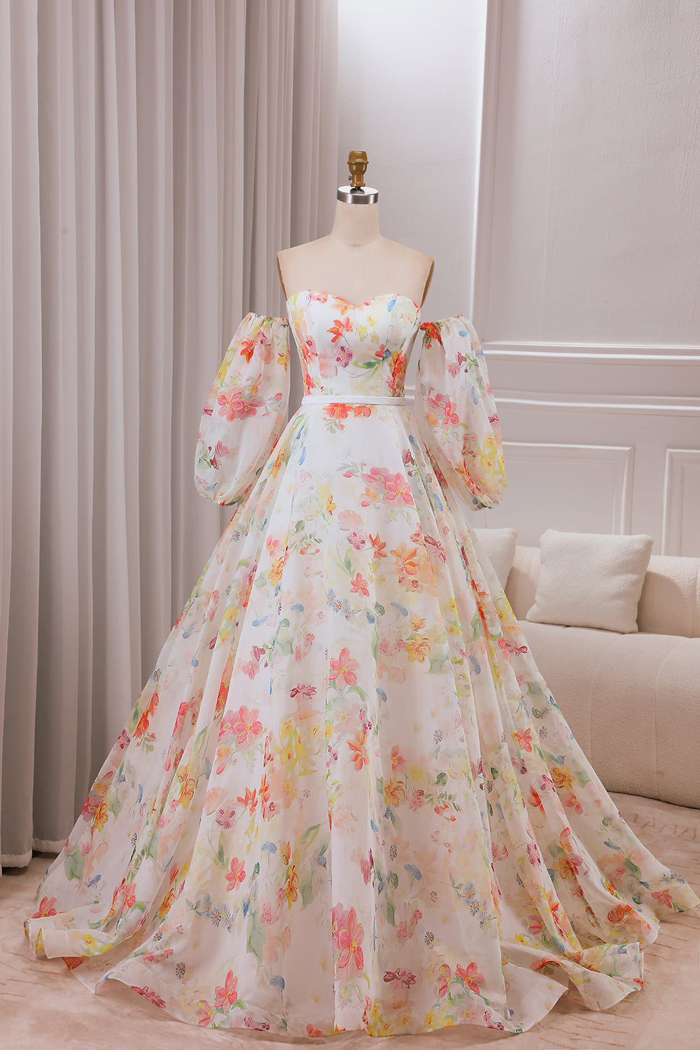 Ball-Gown/Princess Ivory Flower Sweep Train Wedding Dress with Half Sleeves Prom Dresses