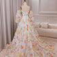 Ball-Gown/Princess Ivory Flower Sweep Train Wedding Dress with Half Sleeves Prom Dresses