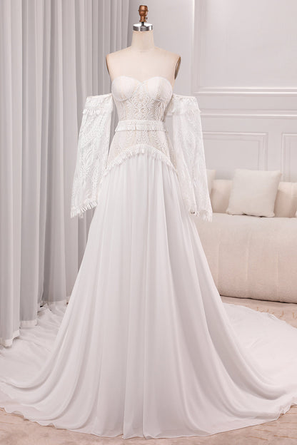 Ivory A Line Sweetheart Long Sleeves Chapel Train Wedding Dresses With Fringe Off Shoulder