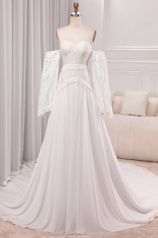 Ivory A Line Sweetheart Long Sleeves Chapel Train Wedding Dresses With Fringe Off Shoulder