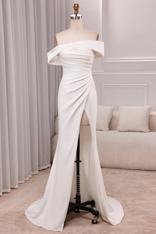 Ivory Mermaid Straight Neck Sweep Train Satin Bridal Dress with Slit Off Shoulder