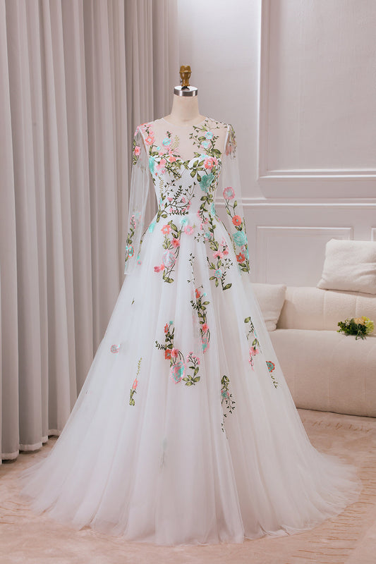 Ivory Flower A-Line Round Neck Tulle Wedding Dress with Long Sleeves Beautiful