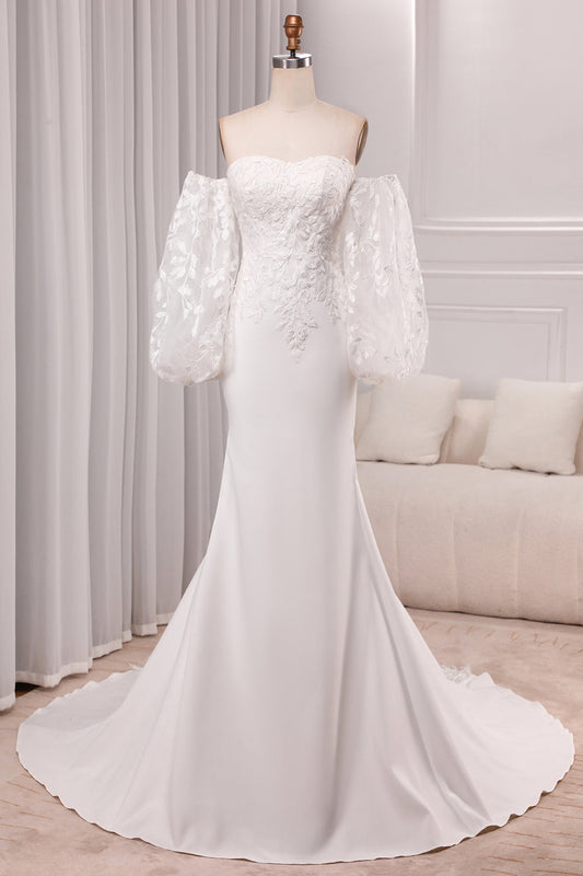 Ivory Mermaid Sweetheart V-Neck Court Train Bridal Dress With Appliqued Lace Off Shoulder