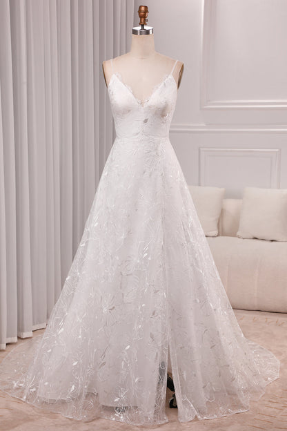 Ivory A Line Spaghetti Straps Lace Chapel Train Sparkly Bridal Dresses With Slit V-neck