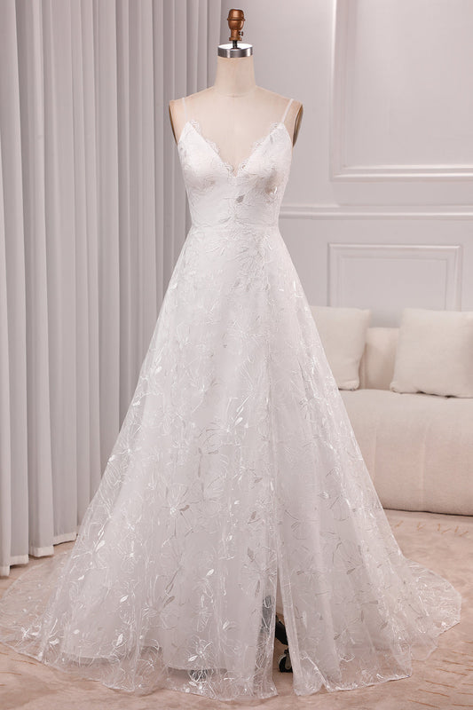 Ivory A Line Spaghetti Straps Lace Chapel Train Sparkly Bridal Dresses With Slit V-neck
