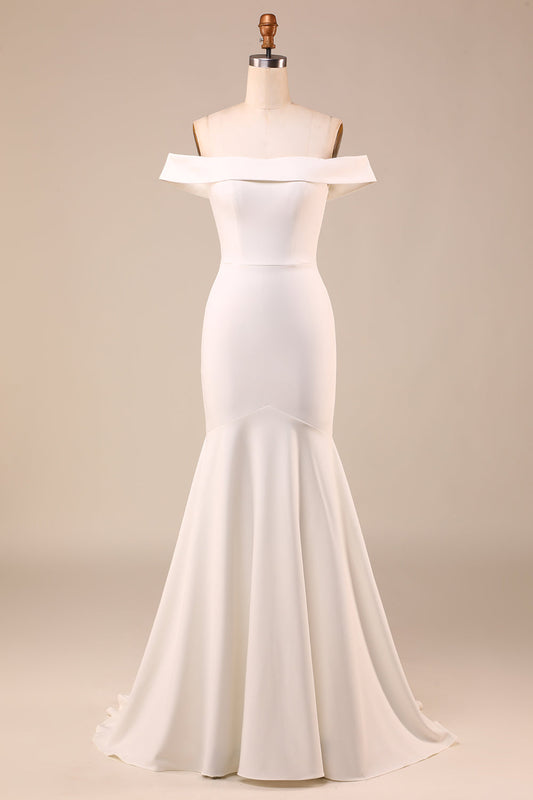 Ivory Mermaid Off The Shoulder Sweep Train Wedding Dress With Sleeveless Long