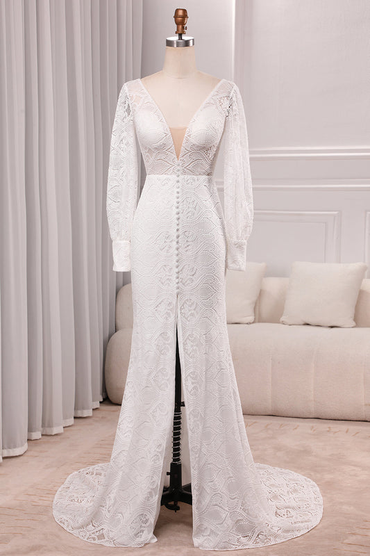 Ivory Sheath V-Neck Long Sleeves Backless Wedding Dress with Front Slit Sexy
