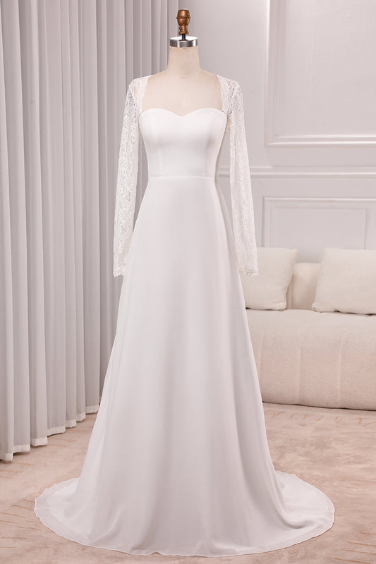 Ivory A-Line Square Neck Sweep Train Satin Bridal Dress with Long Sleeves Sexy