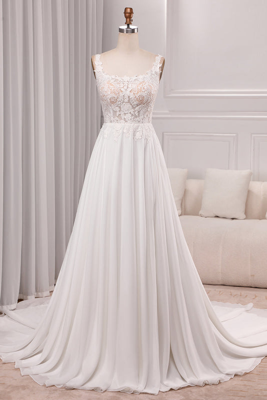 Ivory A Line Square Neck Corset Court Train Bridal Dress With Slit Long