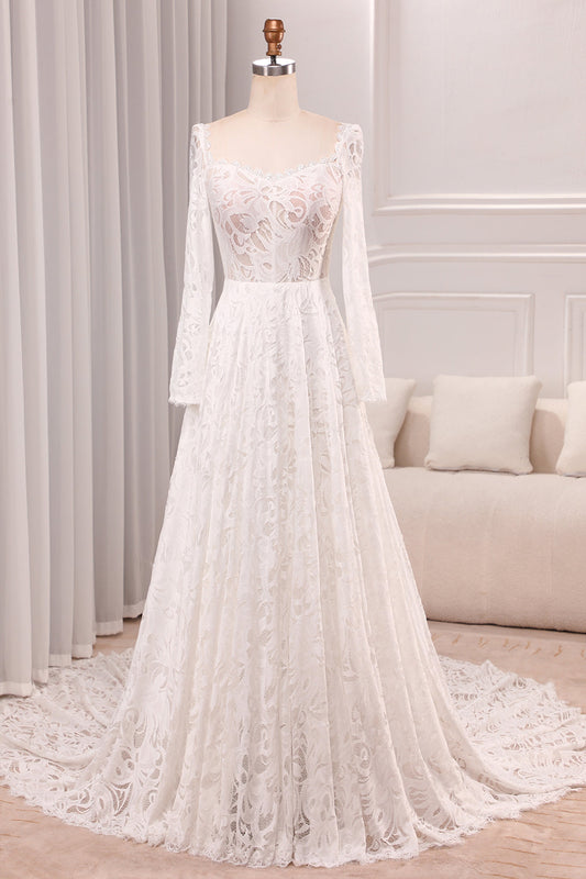 Ivory A Line Square Neck Corset Lace Chapel Train Bridal Dresses With Long Sleeves Beautiful